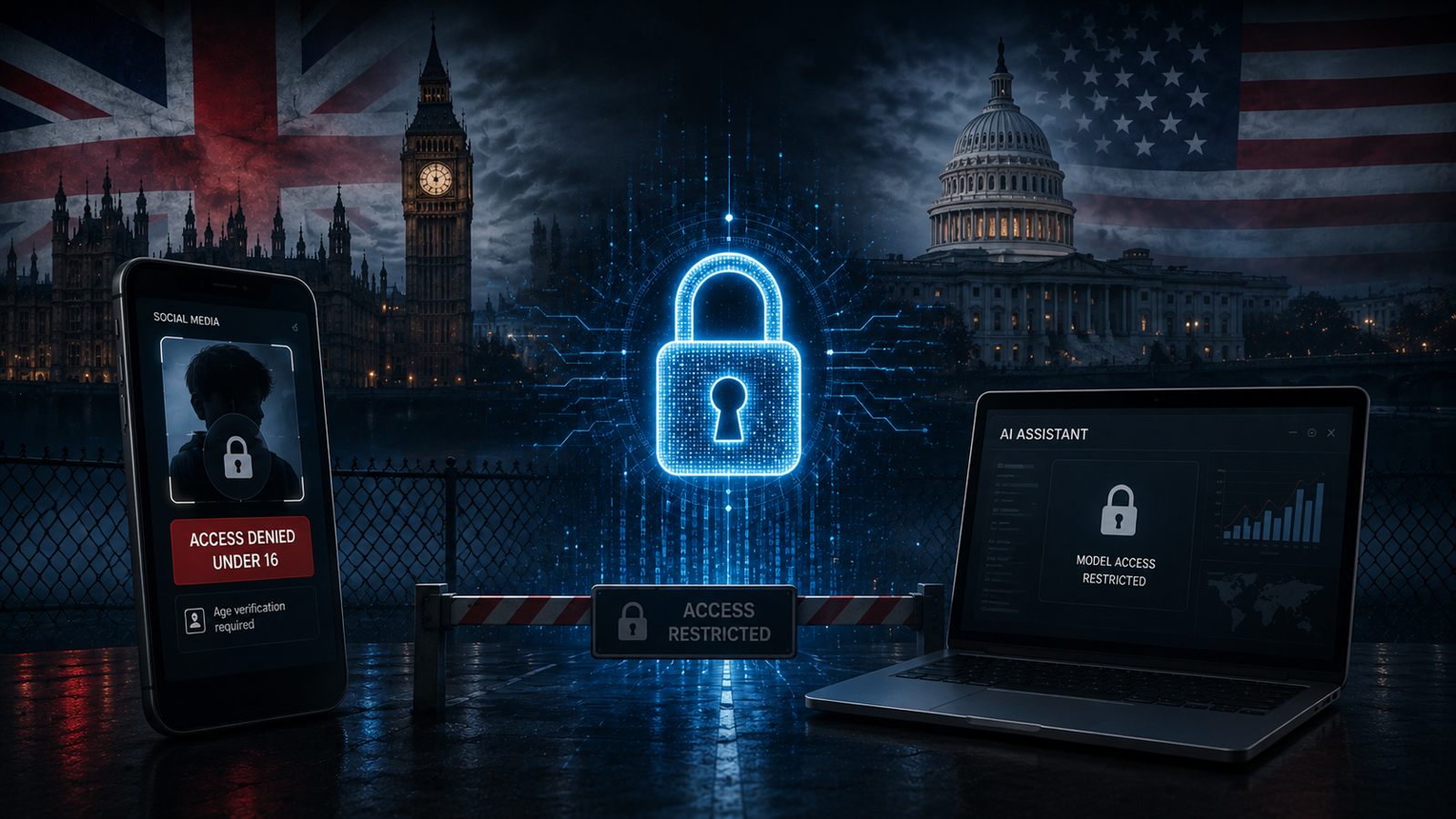US and UK censorship and restrictions showing government AI bans and social media regulation