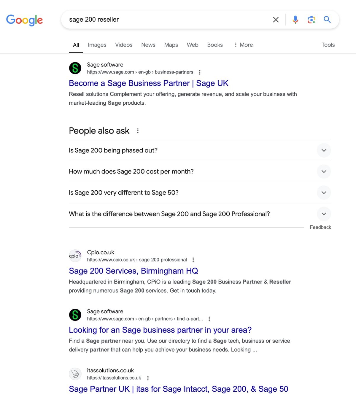 An archived Google result for ‘Sage 200 reseller’