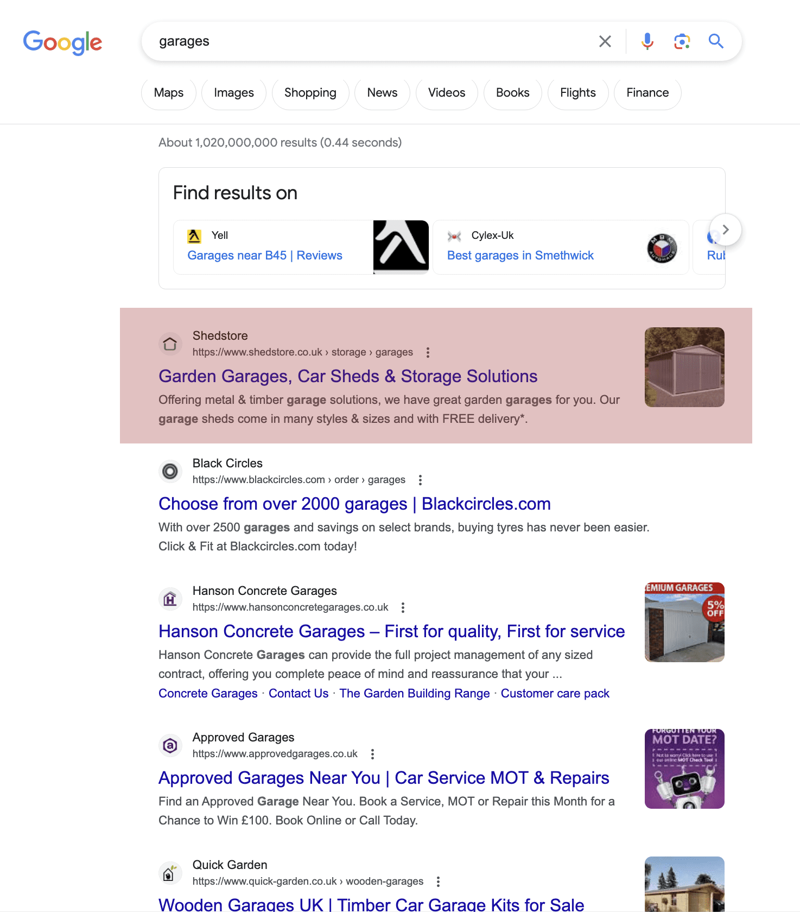Google search results showing Shedstore ranking number one for garages with over 1 billion results