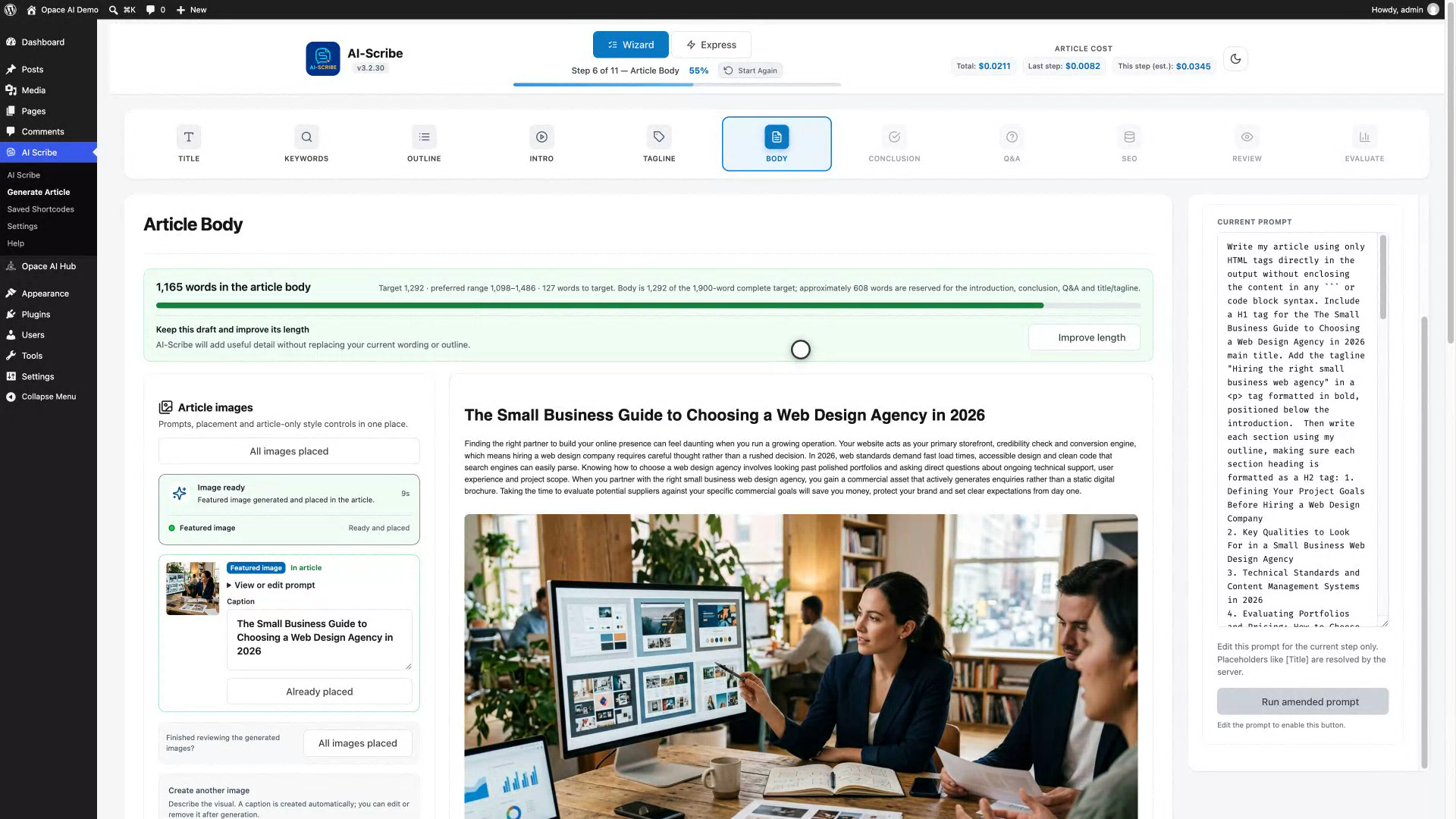 AI Scribe Article Body showing a complete long-form draft, measured word target, generated featured image and editable prompt