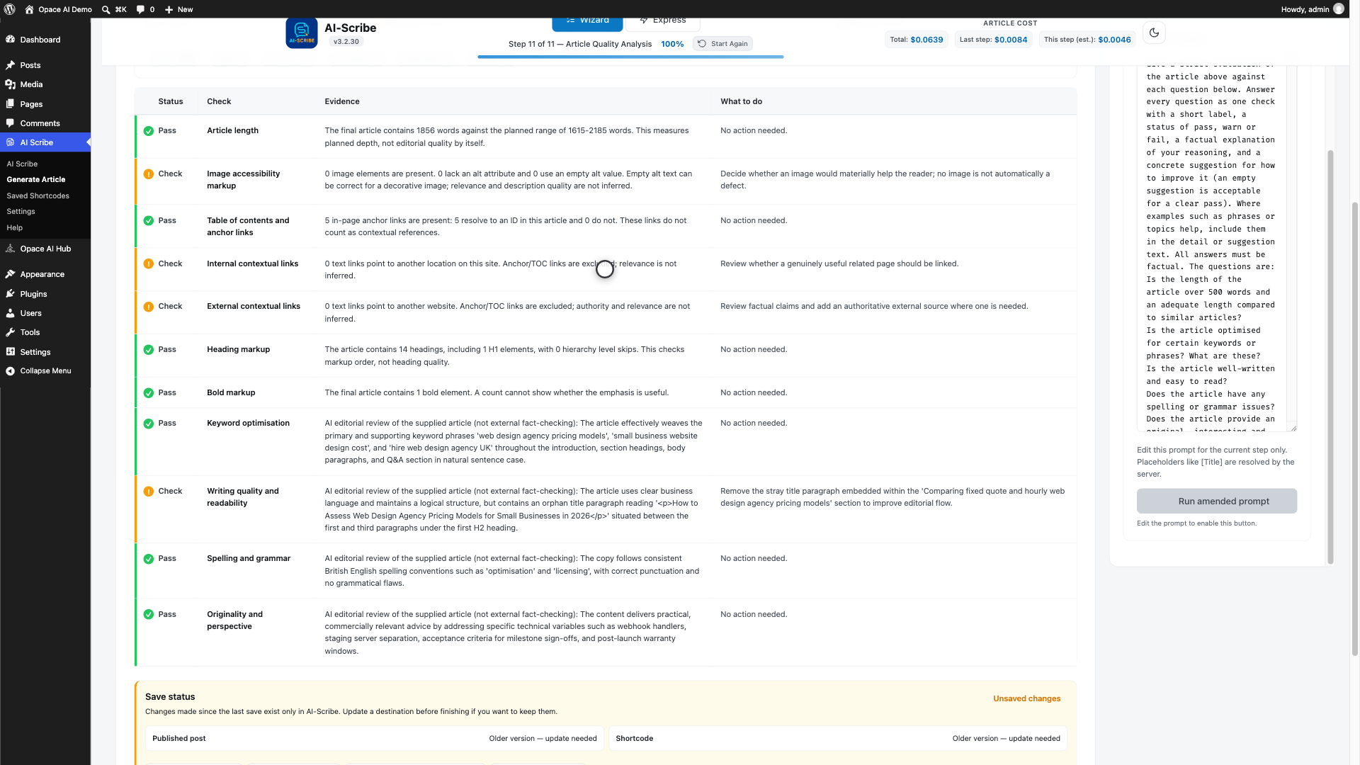AI Scribe Evaluate screen with summary cards and an evidence table separating measured facts from editorial checks