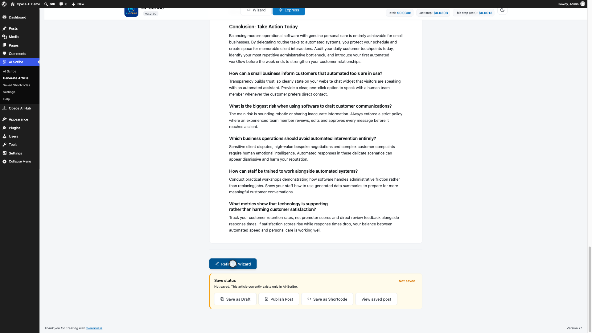 AI Scribe Express mode showing a completed article, exact word count and save actions