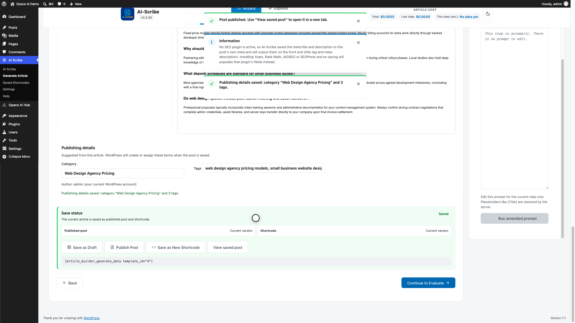AI Scribe Review screen showing publishing details and the saved-copy status panel