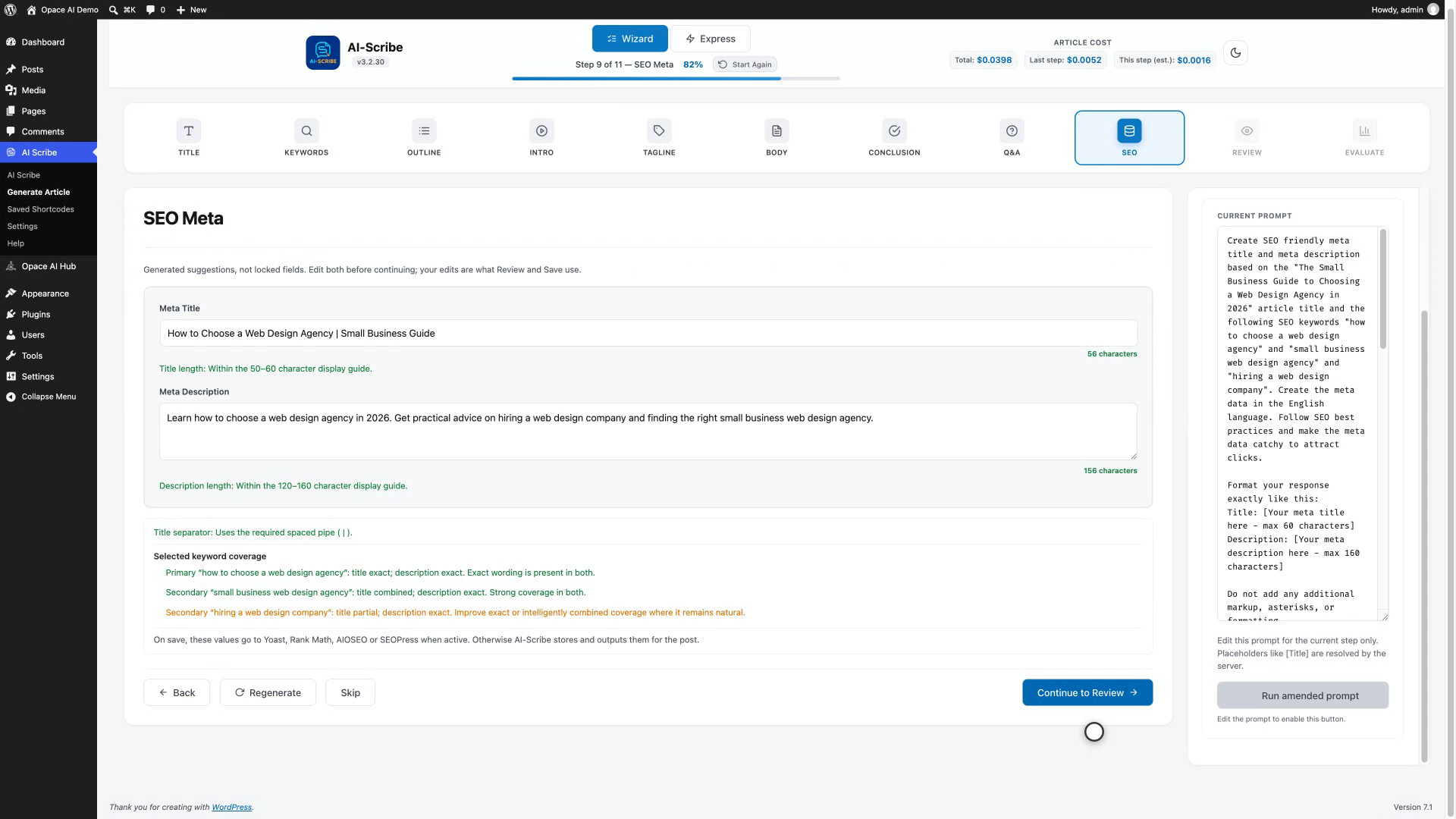 AI Scribe SEO Meta step with editable metadata, measured guidance and the Options and Prompt panel