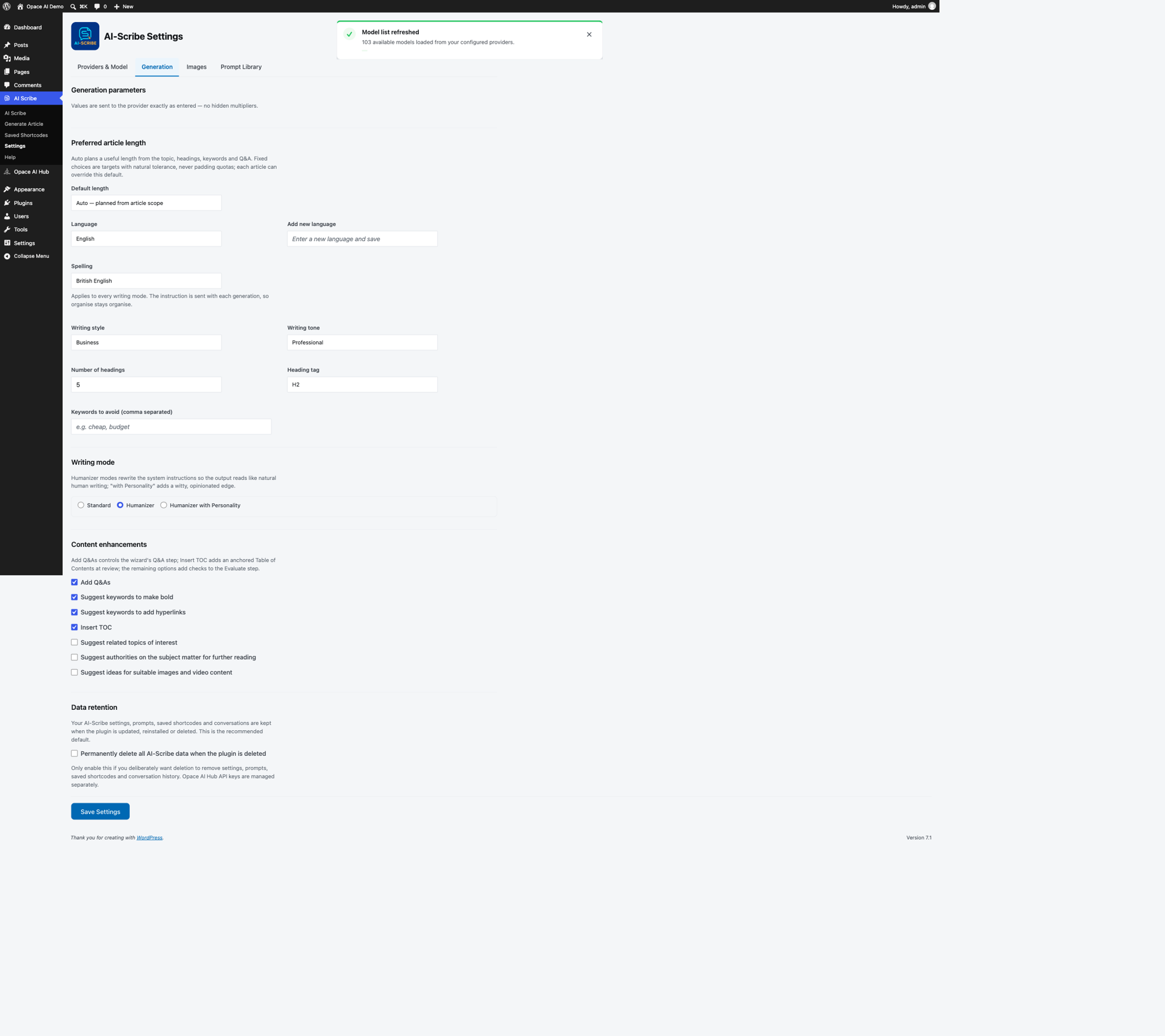 AI Scribe Generation settings showing article length, language, spelling, style, tone and writing mode controls