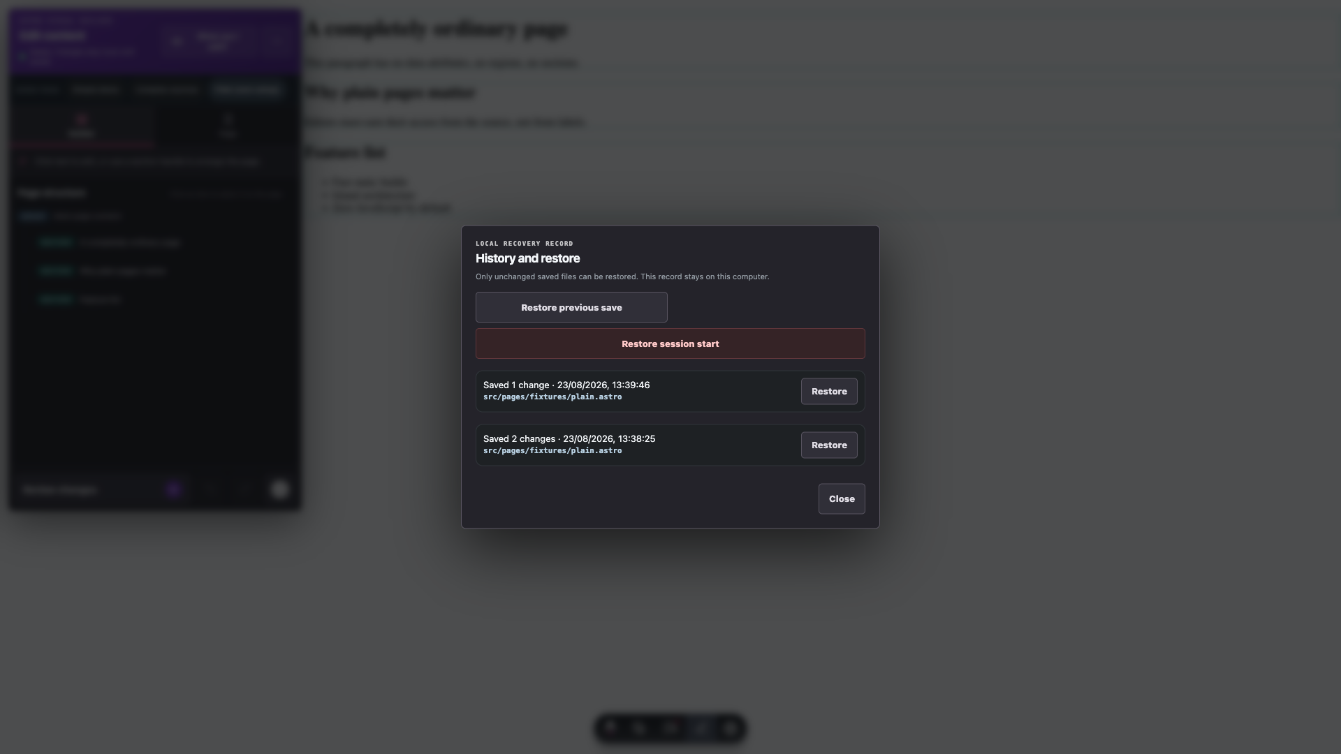 Astro Visual Editor local history dialog with restore controls for saved changes