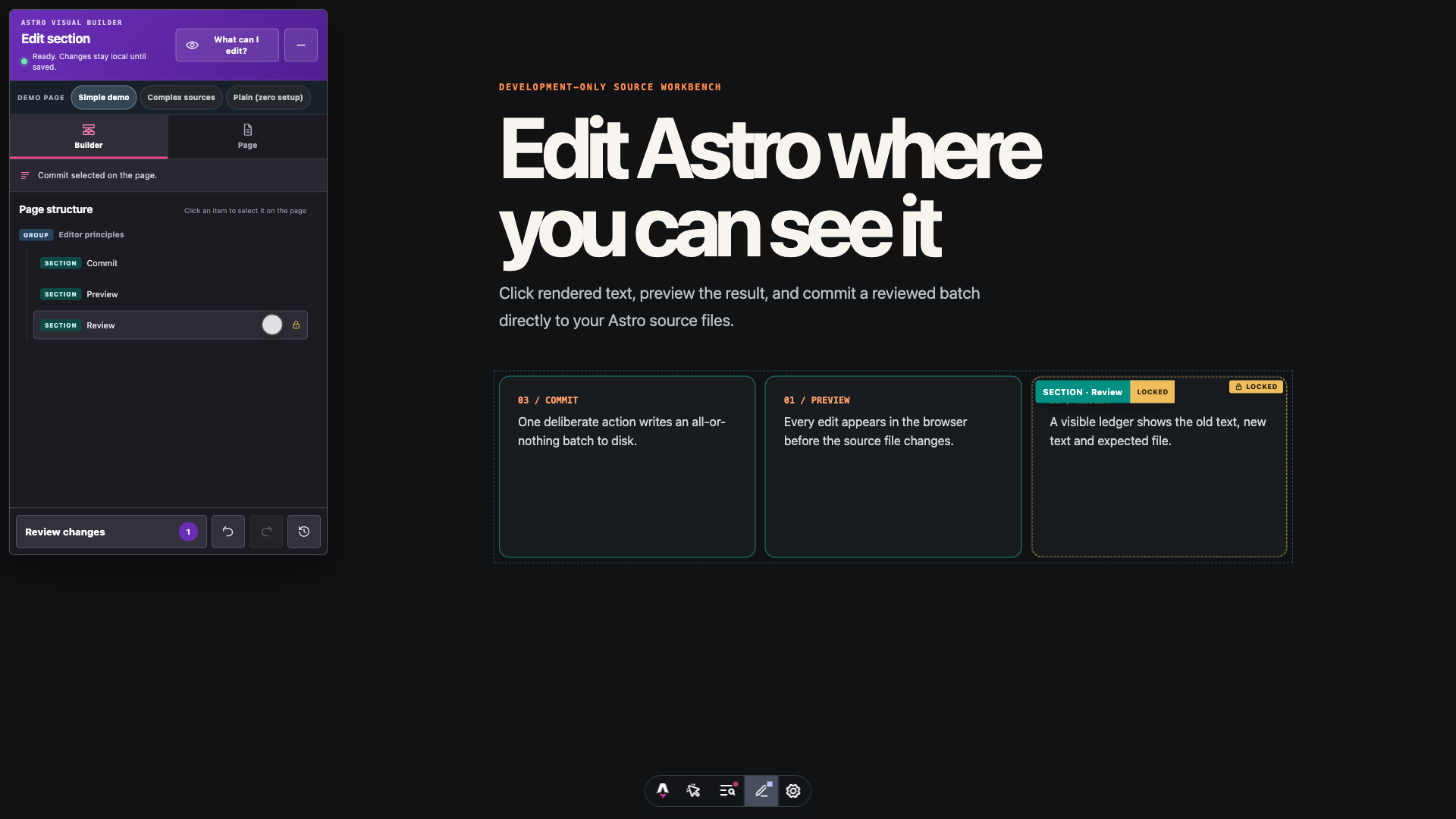 Astro Visual Editor section tree after a section has been moved on the rendered page