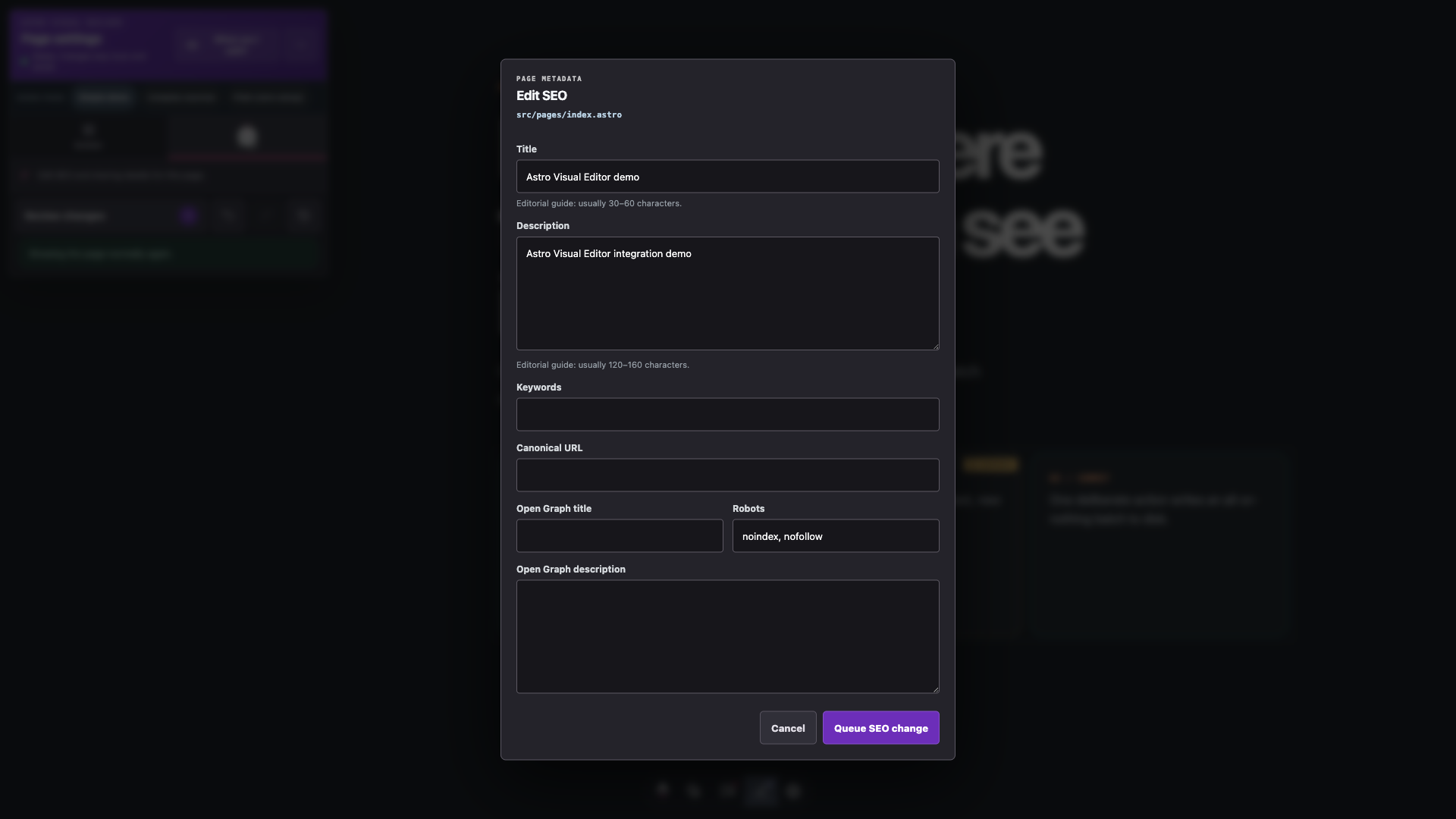 Astro Visual Editor SEO dialog with title, description, canonical URL and robots fields