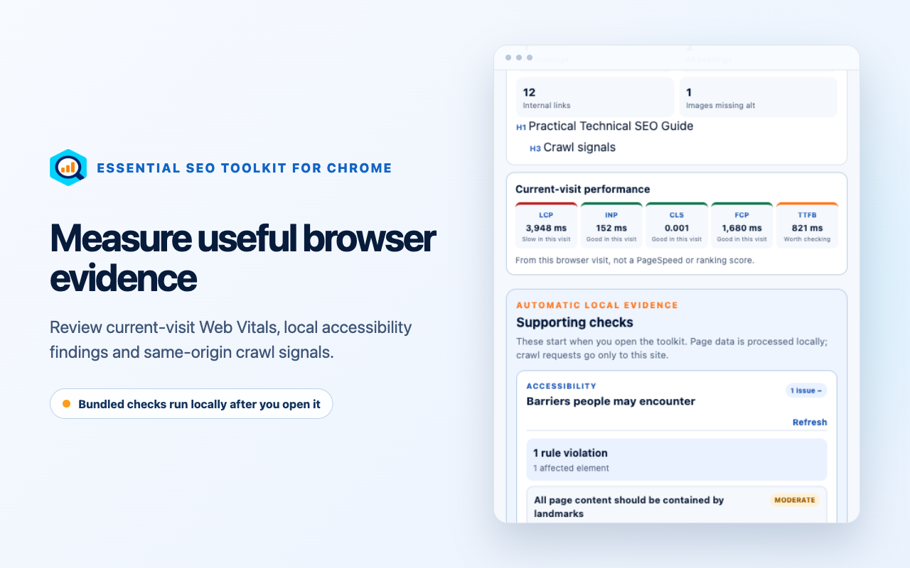 Chrome toolkit showing local accessibility and Web Vitals evidence