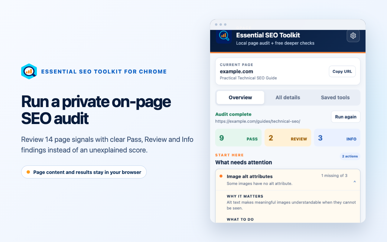 Essential SEO Toolkit for Chrome showing a completed local page audit