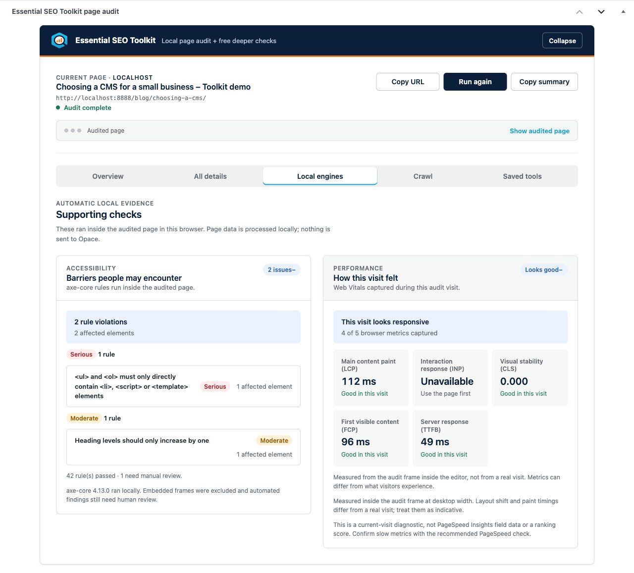 WordPress toolkit showing accessibility and Web Vitals evidence