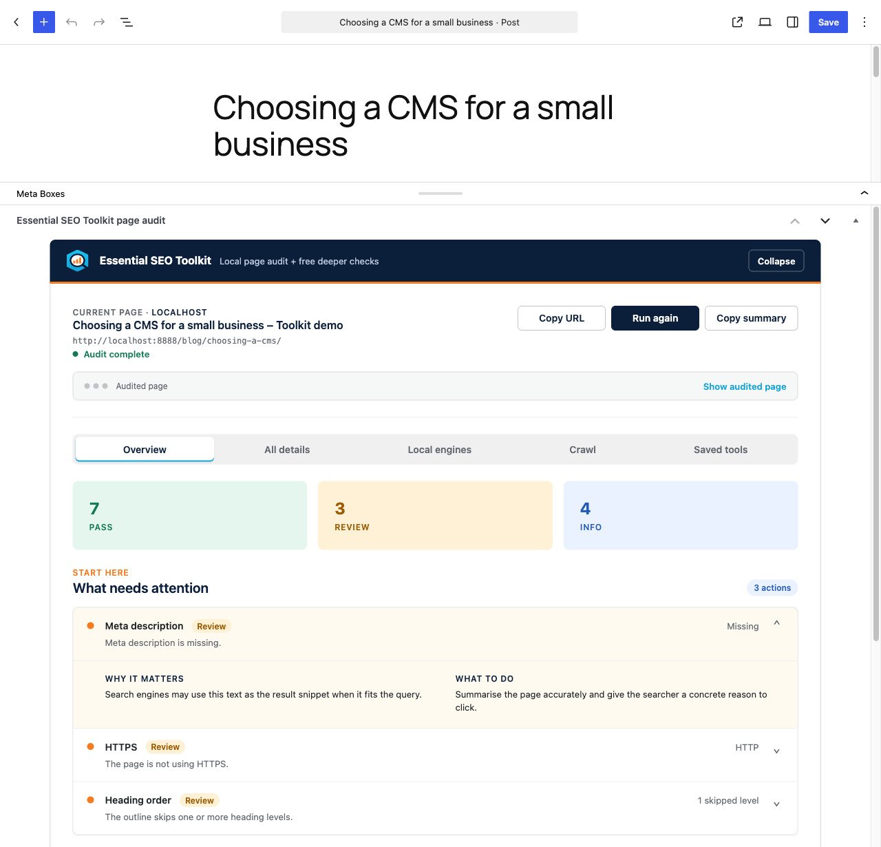 Essential SEO Toolkit for WordPress showing the page audit inside the block editor