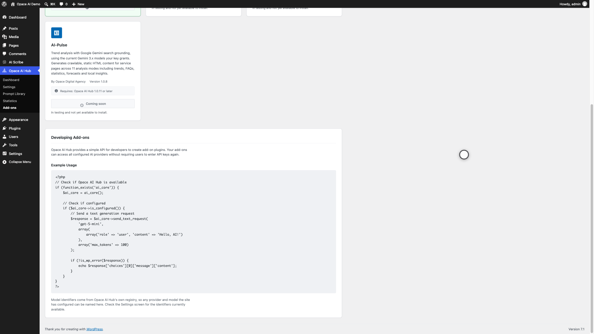 Opace AI Hub Add-ons screen showing AI Scribe status, planned add-ons and developer example code