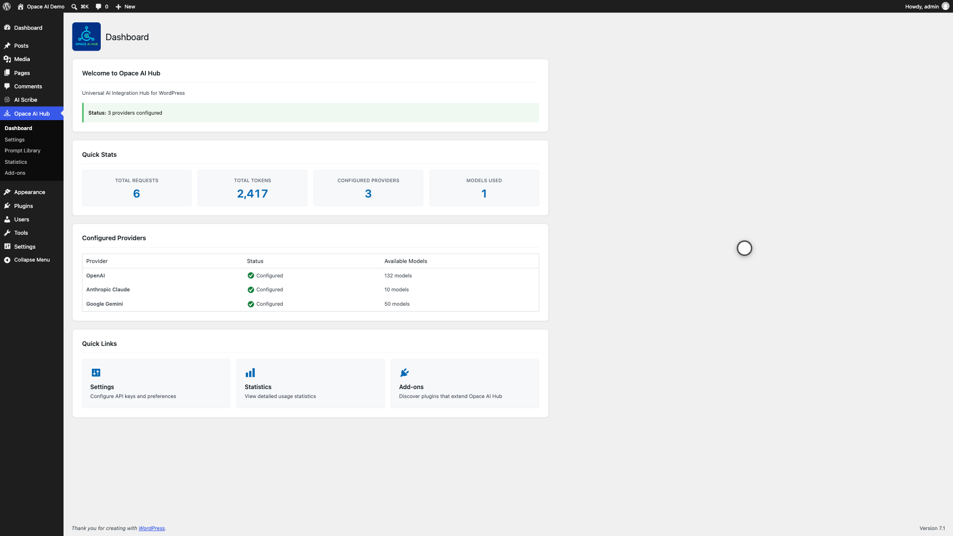 Opace AI Hub dashboard showing provider status, model counts, usage totals and quick links