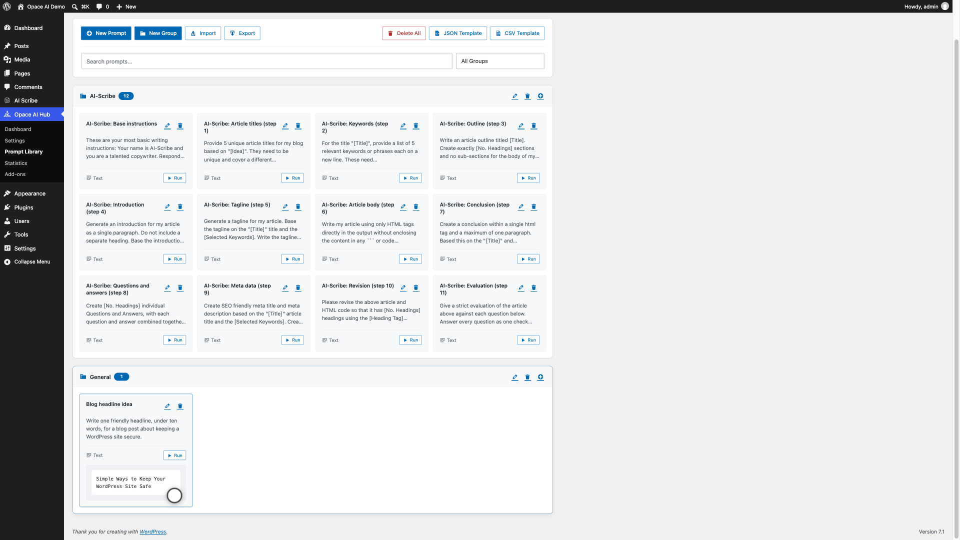 Opace AI Hub Prompt Library showing grouped reusable prompts for the complete AI Scribe workflow
