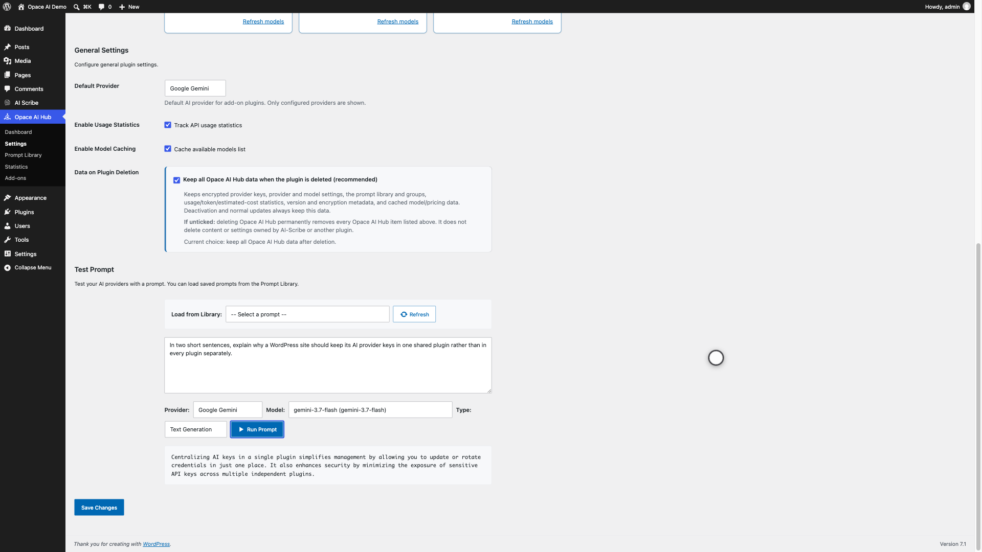 Opace AI Hub Test Prompt panel with provider settings and a generated response