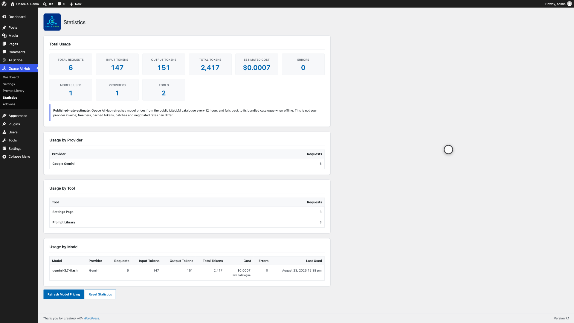 Opace AI Hub Statistics showing requests, tokens and estimated costs by provider, tool and model