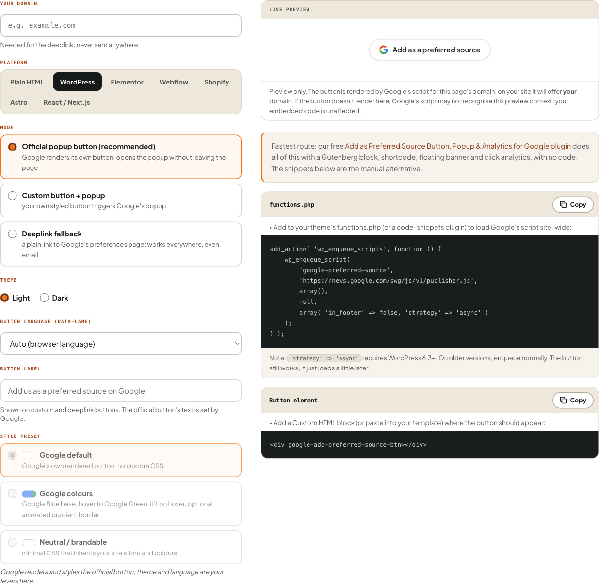 Preferred Source Button Generator displaying WordPress-ready code and platform tabs