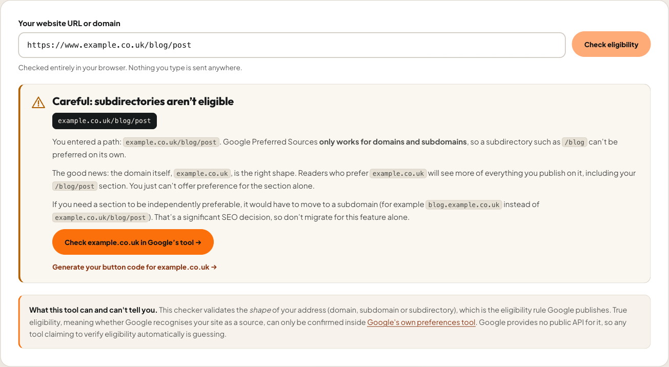 Google Preferred Source checker warning for example.co.uk/blog/post explaining that subdirectories are not independently eligible