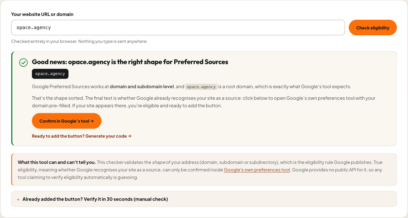 Google Preferred Source eligibility checker showing a passing root domain verdict