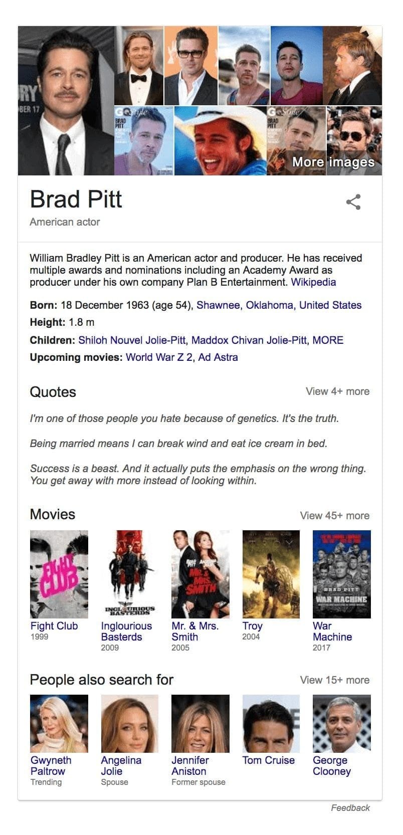 Knowledge panel showing Brad Pitt