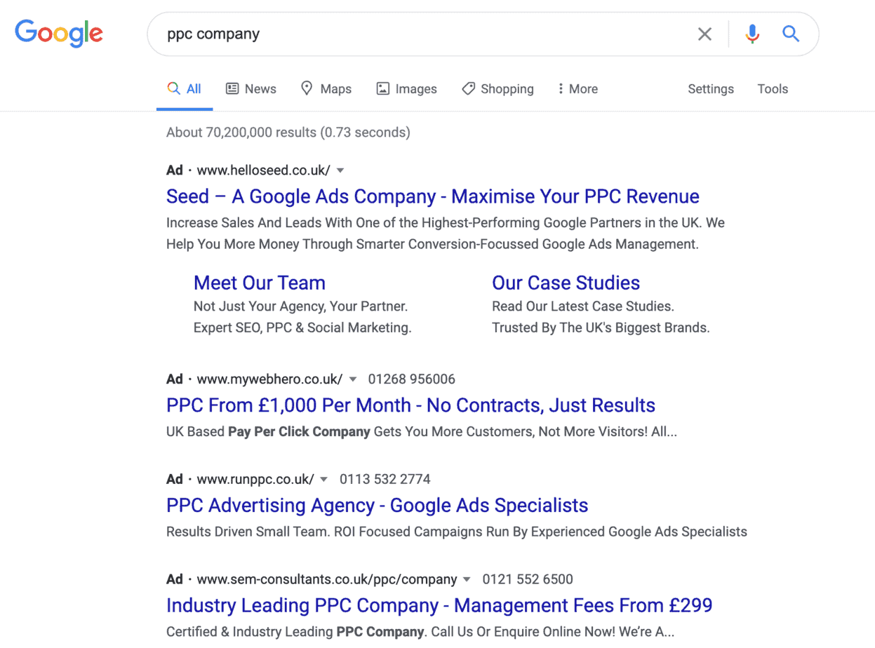 SERP Feature – sponsored results