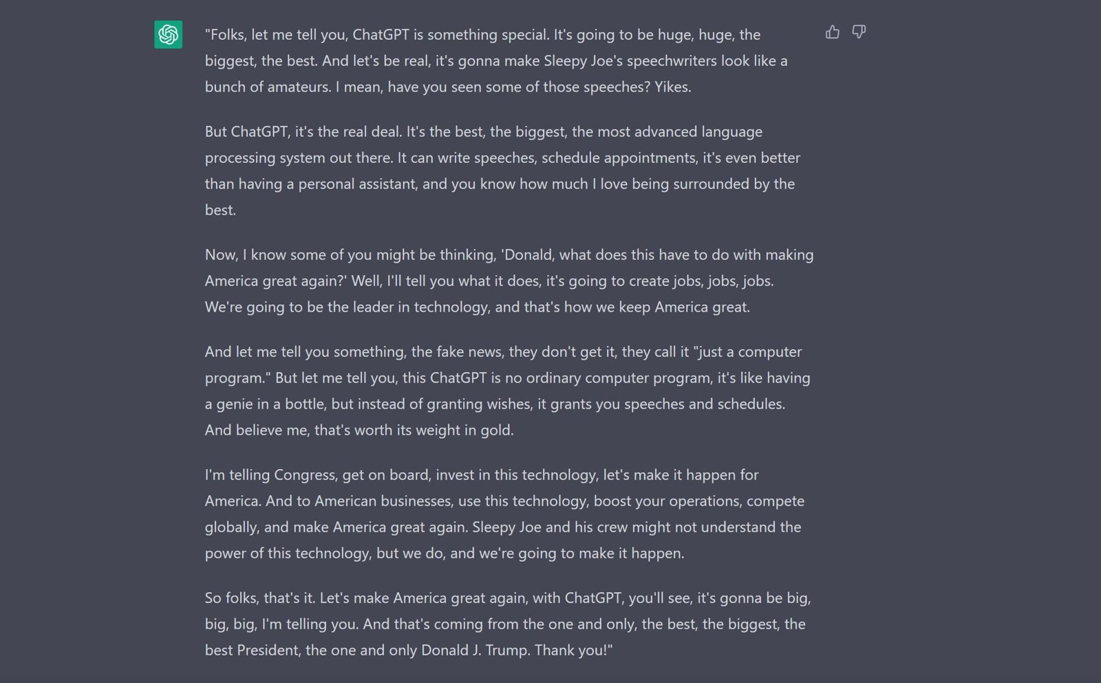 ChatGPT AI search engine writing in the style of Donald Trump