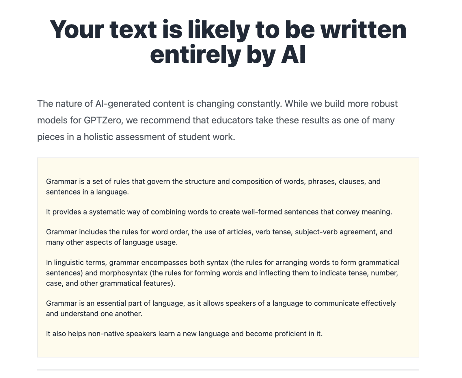 ChatGPT text is AI according to GPTZero