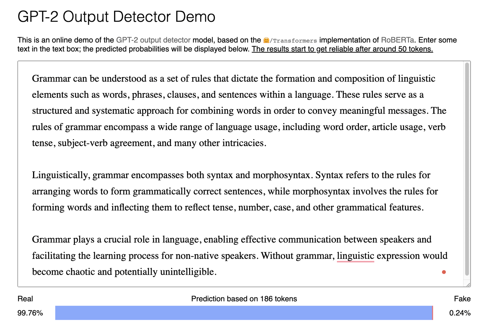 ChatGPT text is real according to GPT-2 Detector