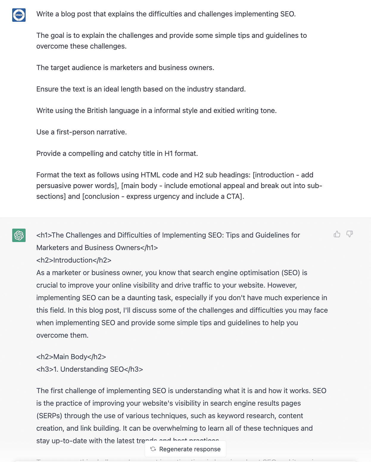 ChatGPT SEO prompt for blog posts and articles
