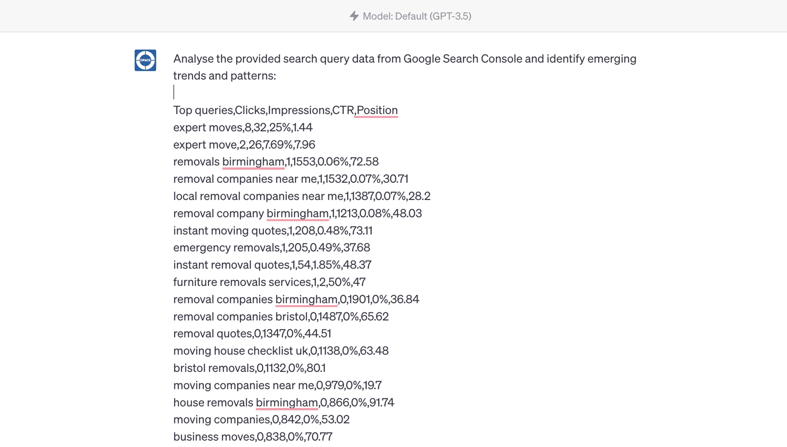 ChatGPT prompt to query Google Search Console CSV data