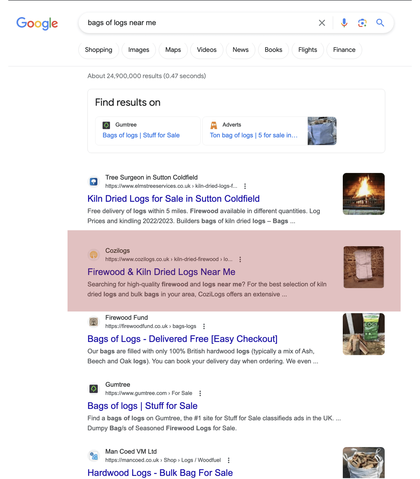 SEO audit results showing Google Page 1 ranking achieved for bags of logs near me search term