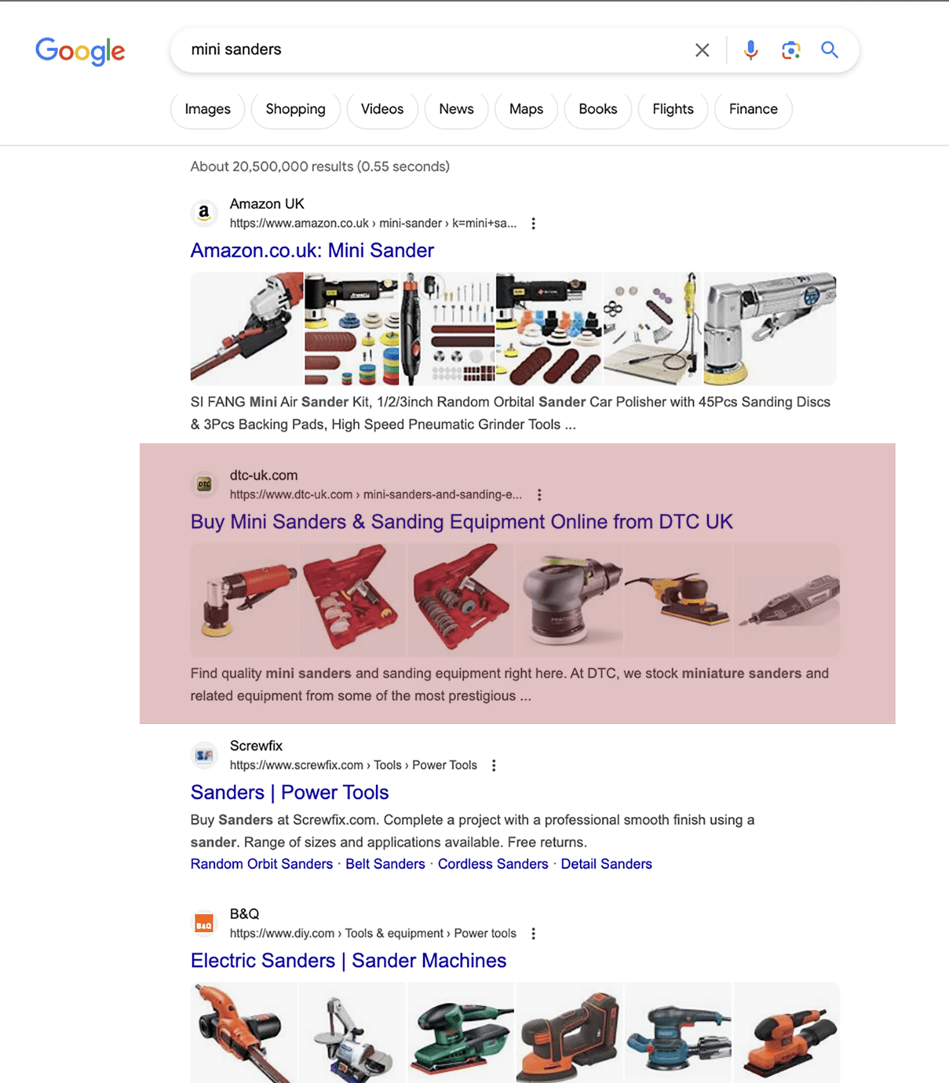 SEO audit results showing Google Page 1 ranking achieved for mini sanders search term