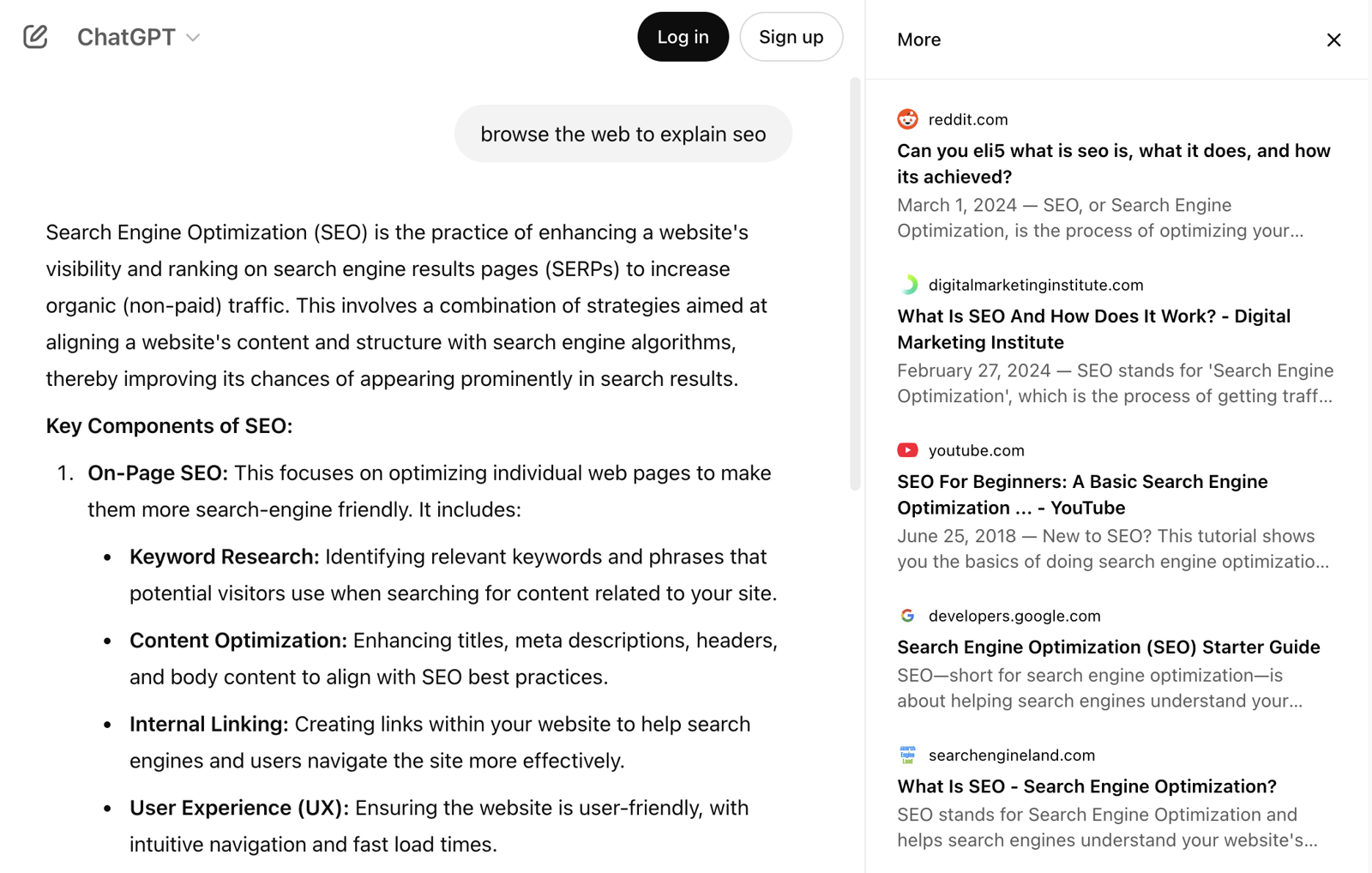 AI chatbot results using web search