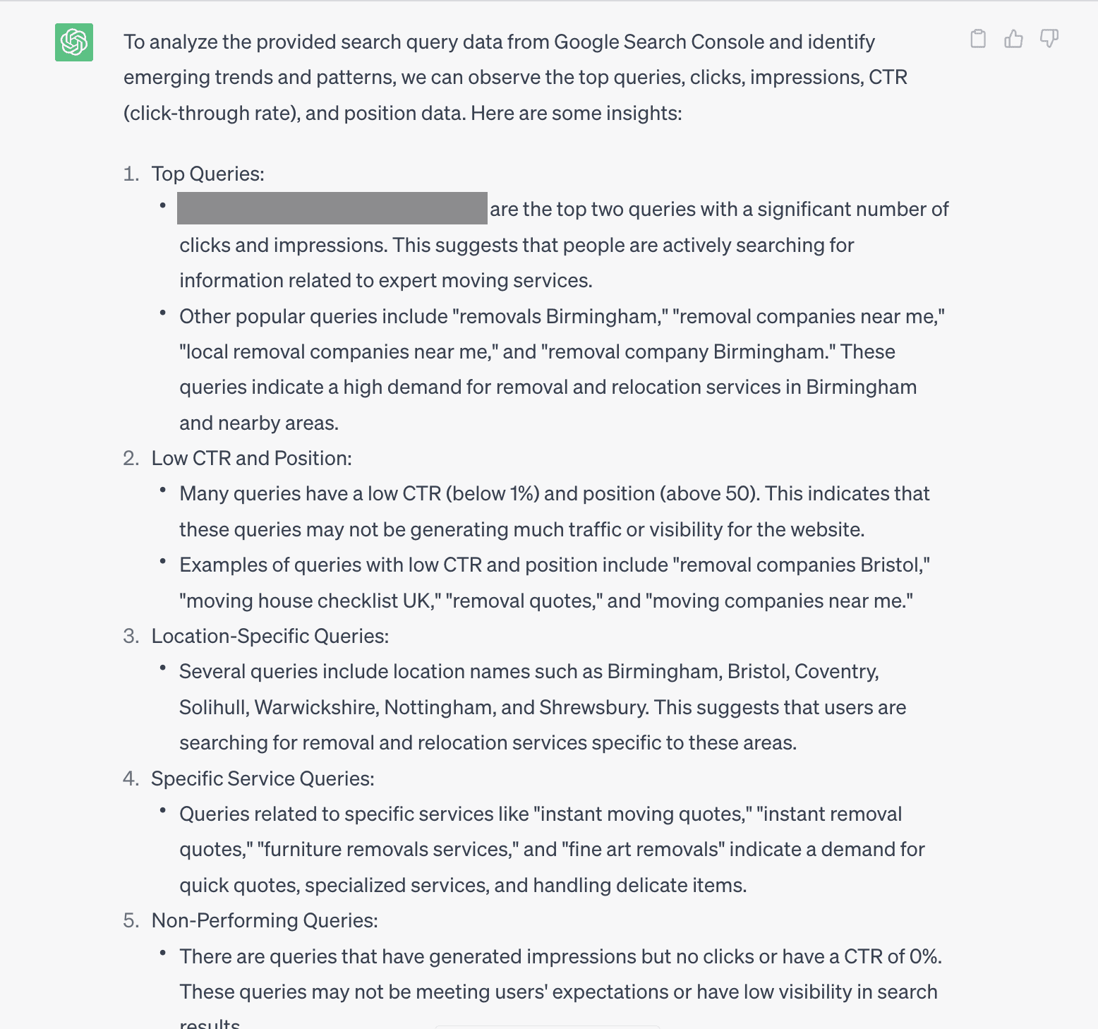 - ChatGPT response providing trends and suggestions from Google Search Console CSV data
