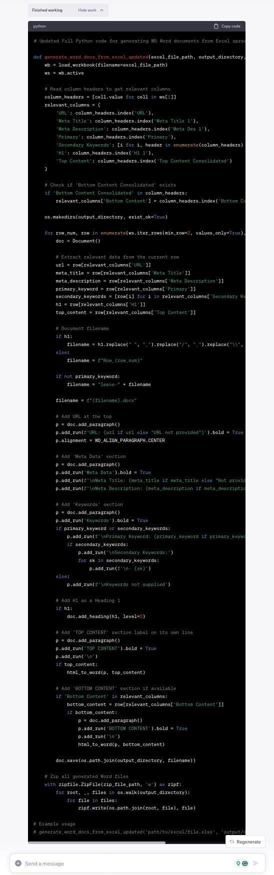 - ChatGPT-4 Advanced Data Analysis Excel to Word conversion python code.