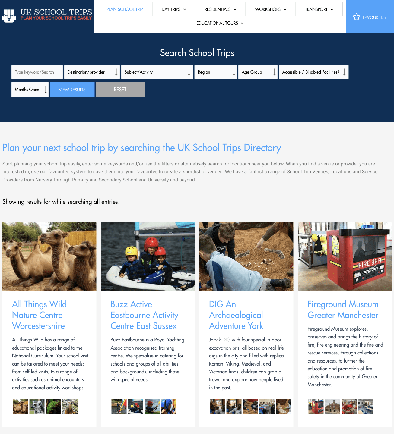 School trips search page School trips search page