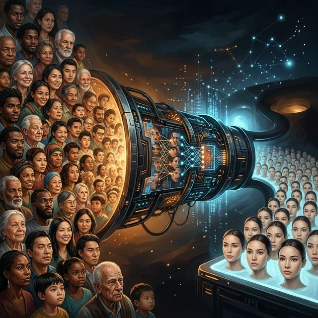 Diverse faces entering an AI training data pipeline and homogenised identical faces emerging from the output