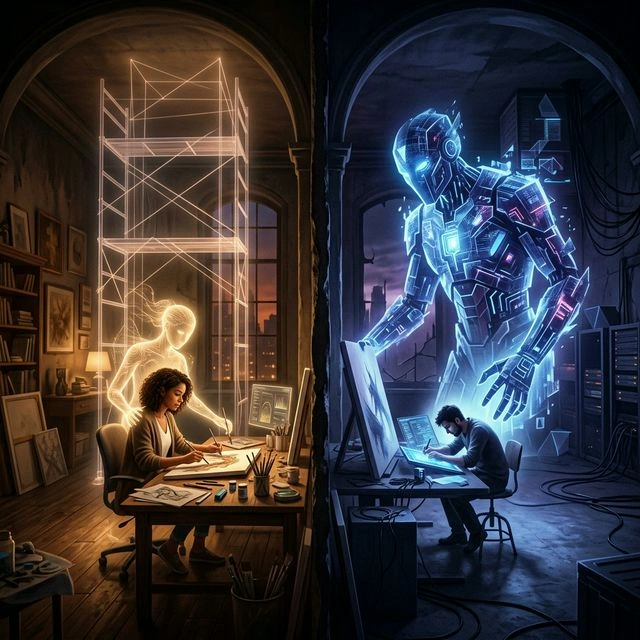 Contrast between AI as supportive assistant with gentle guiding light versus AI as dominant overriding force dwarfing the artist