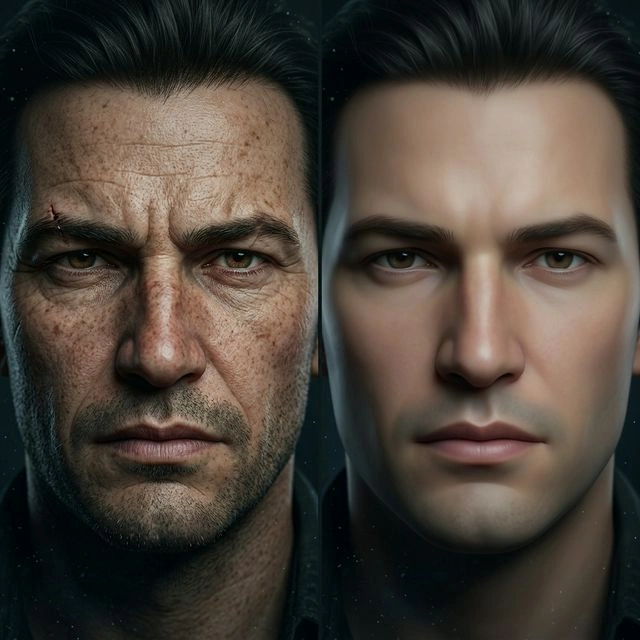 Side by side comparison of a detailed game character face with realistic imperfections versus the same face smoothed by AI rendering