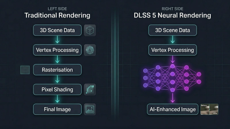 Traditional rendering pipeline versus AI neural rendering pipeline showing geometric processing and neural network enhancement