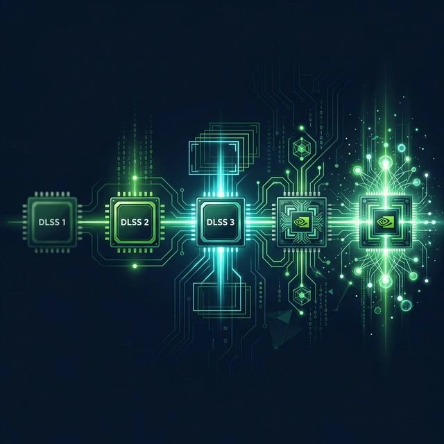 The evolution of DLSS technology from version 1 through version 5 showing increasing complexity of GPU chips and neural network processing