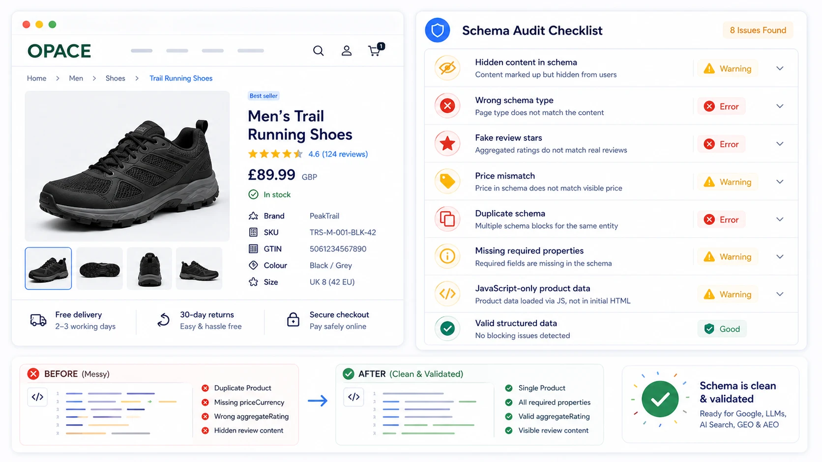 Common schema markup mistakes including duplicate schema, hidden content, wrong schema type and price mismatch.