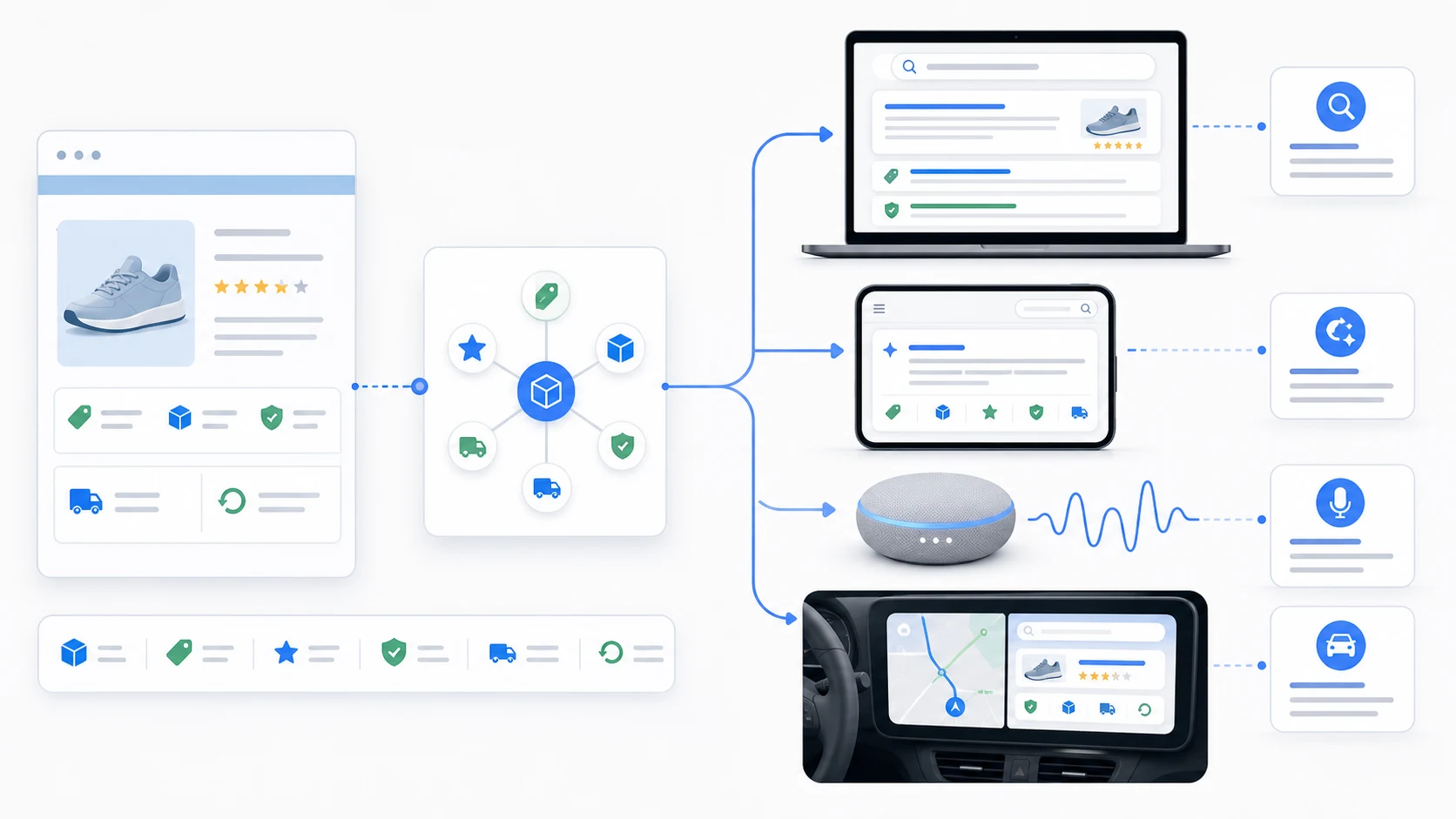 Structured data for AI search, voice search and LLMs shown across laptop, mobile, smart speaker and car interfaces.