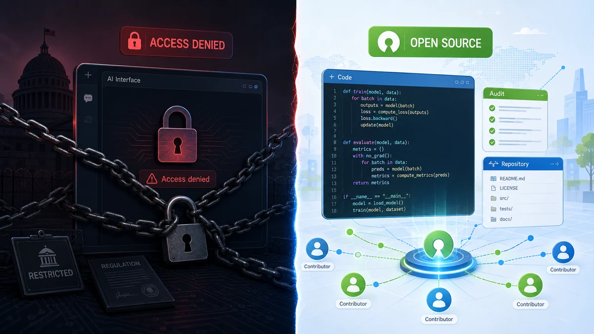 Ban AI versus open-source AI debate showing restricted access and transparent development