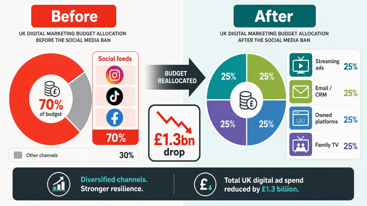 UK social media ban digital marketing budget shift away from social feeds towards owned channels and family media