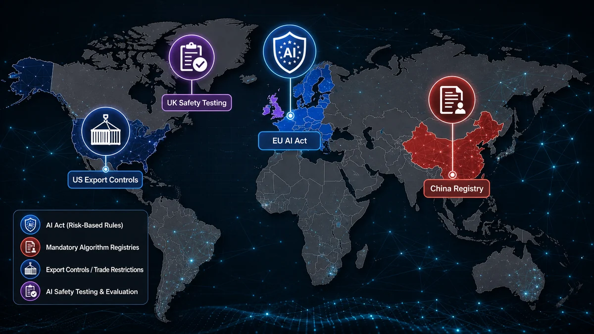 Global AI regulation map showing EU AI Act, China registries, US export controls and UK AI safety testing