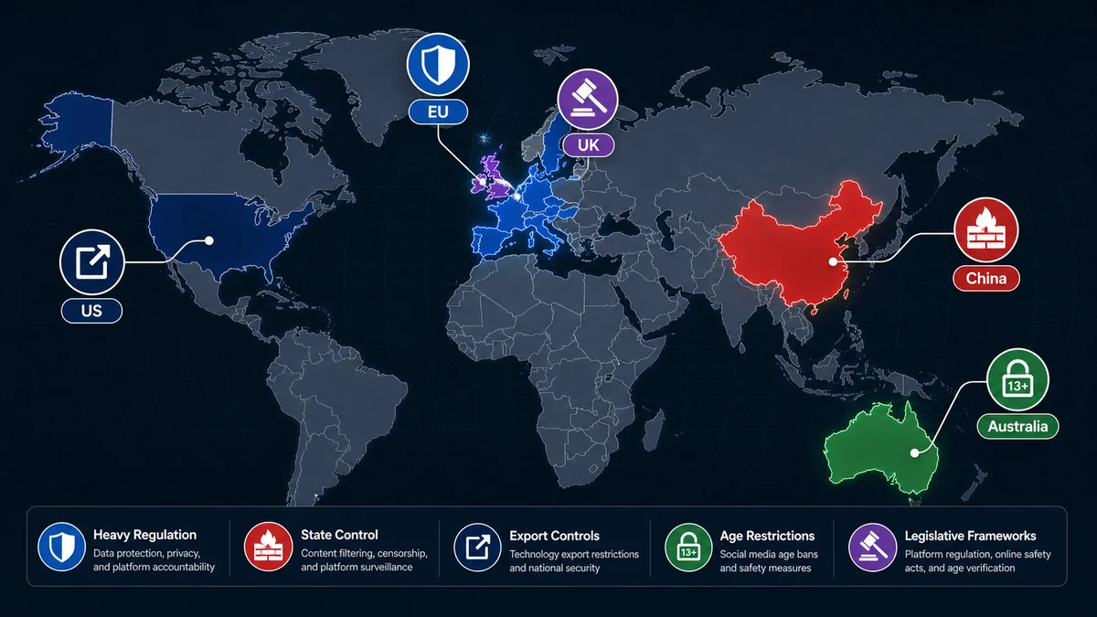 Global internet regulation map showing digital censorship and government tech regulation in the EU, China, US, Australia and UK
