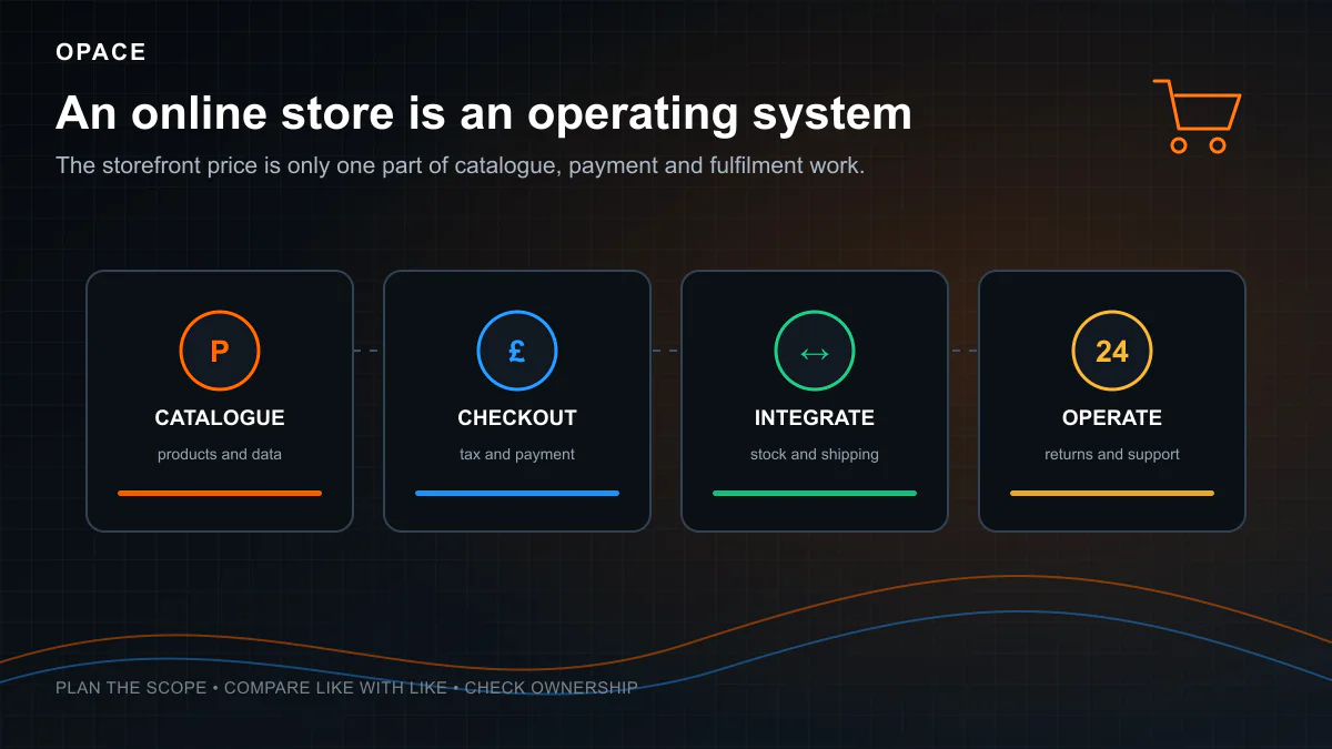 Opace online store cost diagram separating catalogue, checkout, integrations and operation