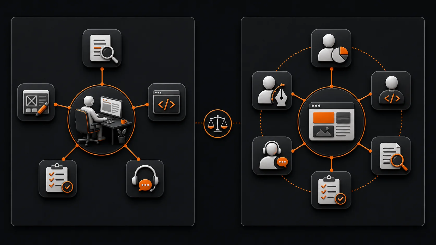 Freelance website project workflow compared with a coordinated specialist web design agency team